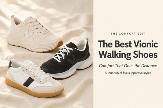 Three Vionic walking sneakers in cream, black and white on cream linen