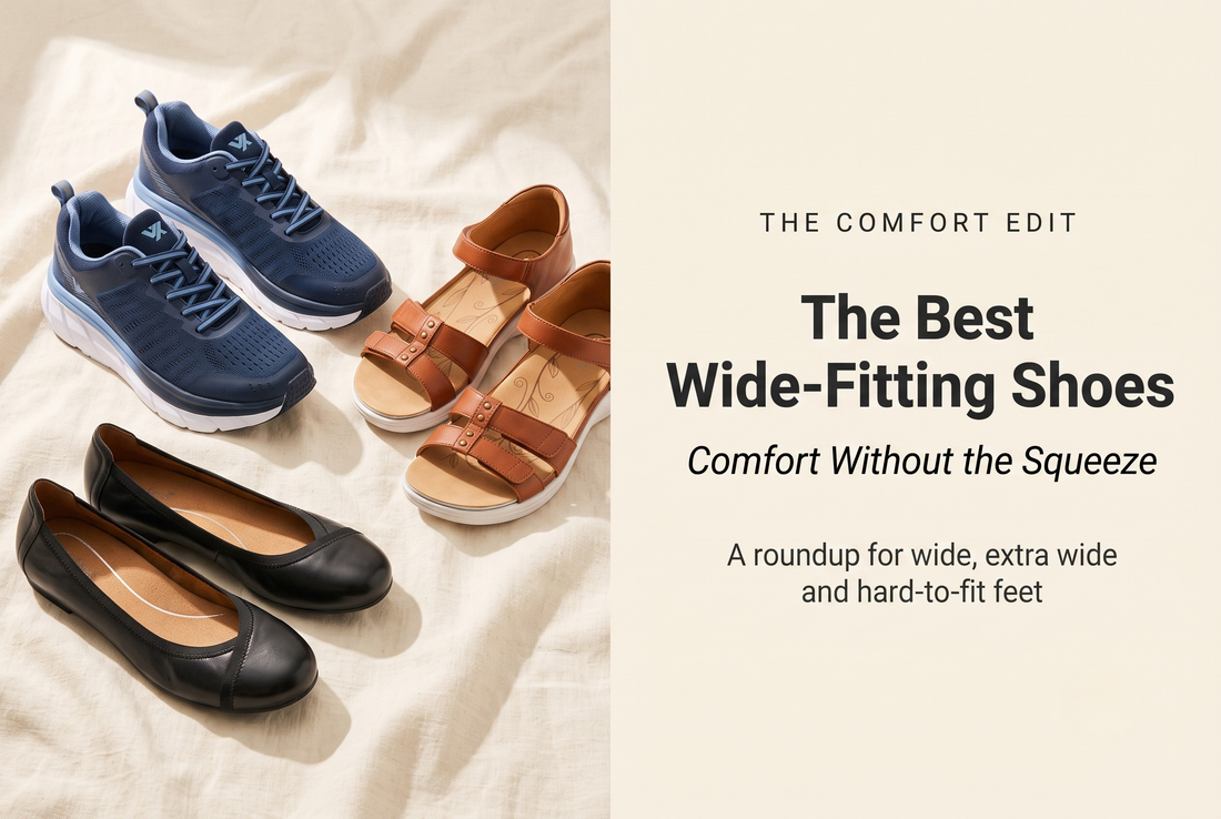 Wide-fitting navy sneaker, tan sandal and black ballet flat on cream linen