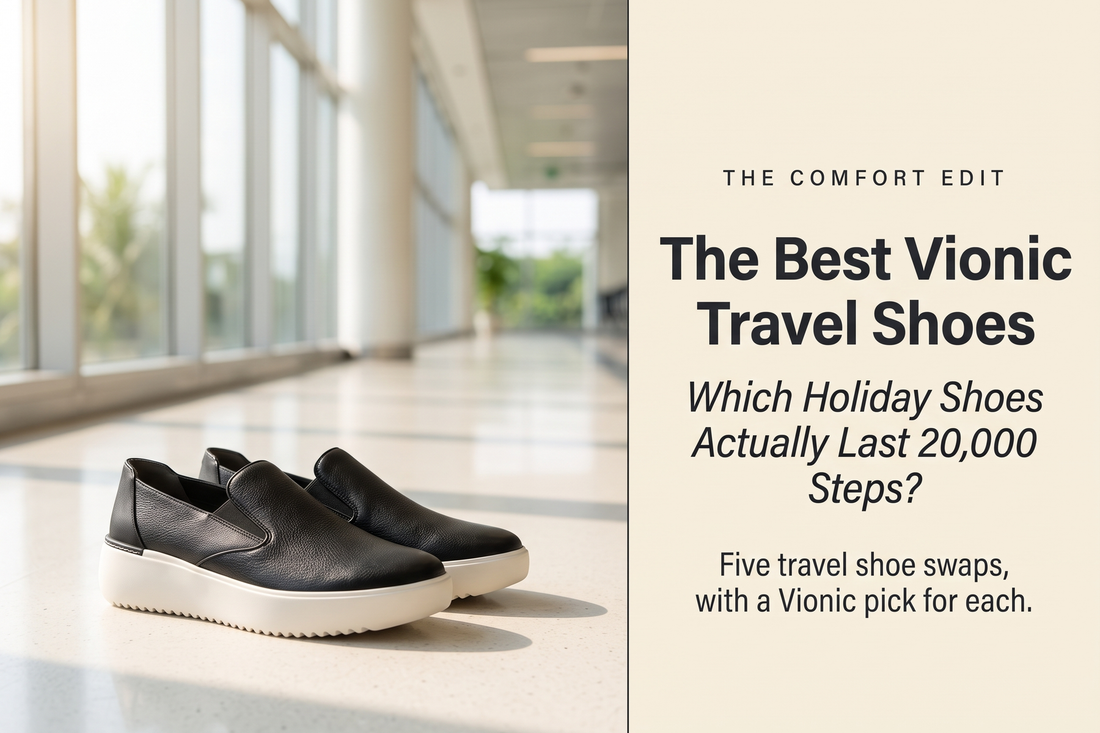 Vionic Kearny slip-on sneakers on a sunlit airport floor