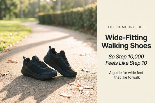 Black Vitasole Walker Mesh III wide-fitting walking shoes on a sunlit park path