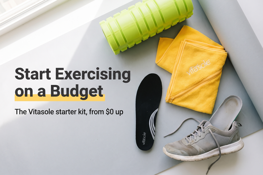 Worn sneaker with a Vitasole insole, yellow gym towel and foam roller on a mat