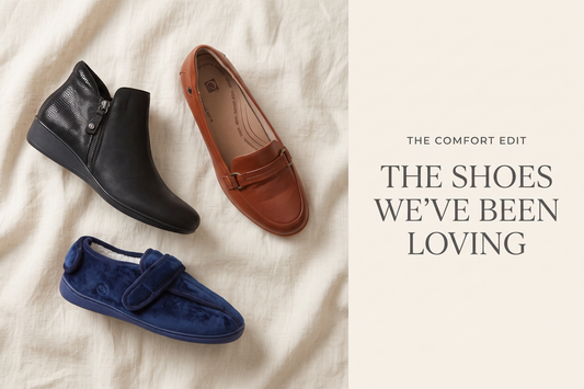 A Revere boot, cognac loafer and navy slipper on cream linen for The Comfort Edit