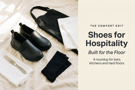 Flat-lay of black work sneakers, a black apron, a cloth and black socks, titled Shoes for Hospitality