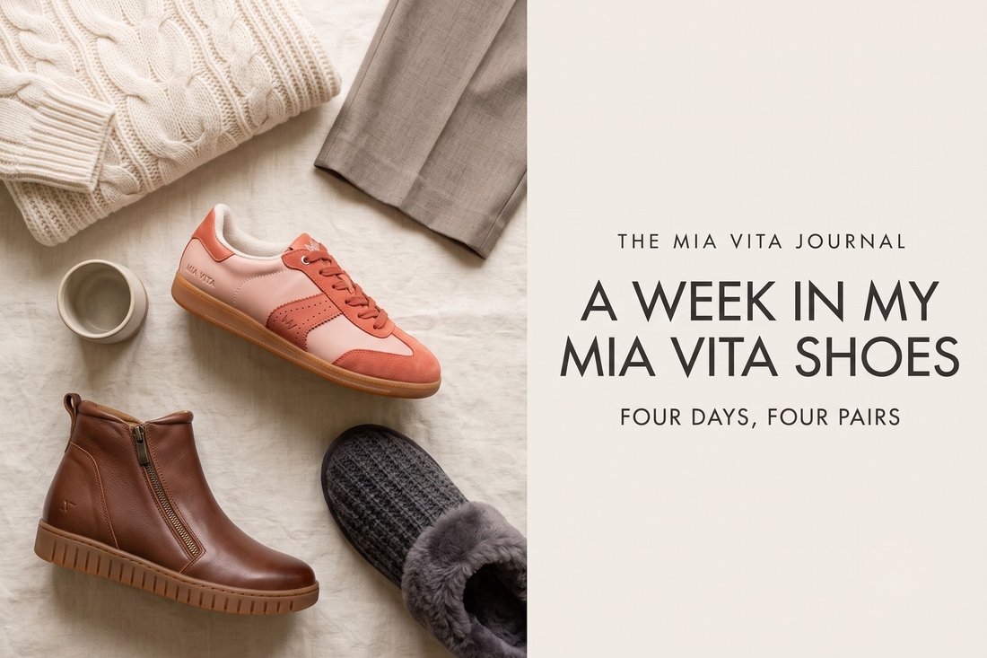Mia Vita Ramona sneaker, Leni boot, Vienna flat and charcoal Zen slipper styled on warm linen for the Mia Vita Journal