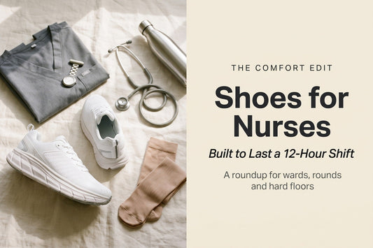 Flat-lay of grey scrubs, a fob watch, stethoscope, white sneakers and compression socks, titled Shoes for Nurses