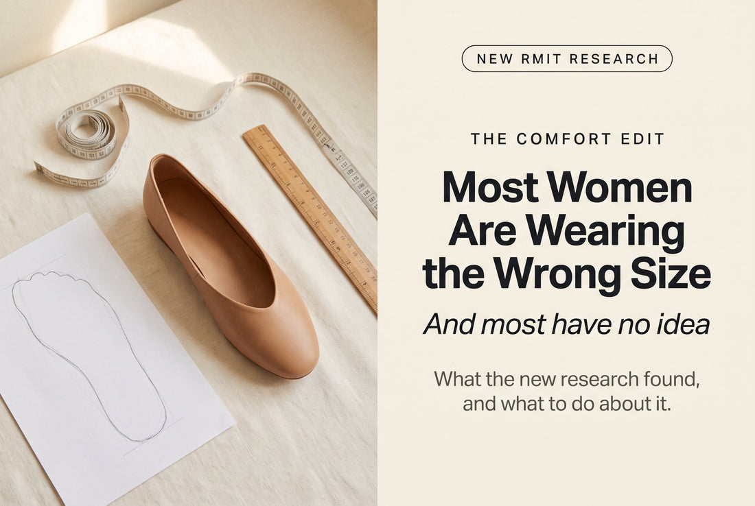 Flat-lay of a plain shoe, tape measure, ruler and a traced foot outline on cream linen