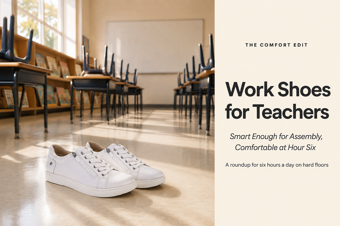 White leather zip sneakers on a classroom floor, chairs stacked on desks