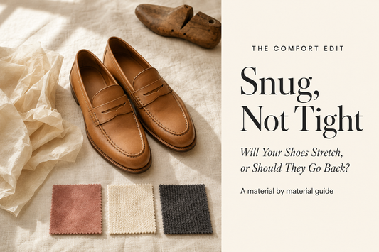 Tan leather loafers on cream linen, with crumpled cream tissue paper, three material swatches in suede, canvas and knit, and a small wooden shoe last