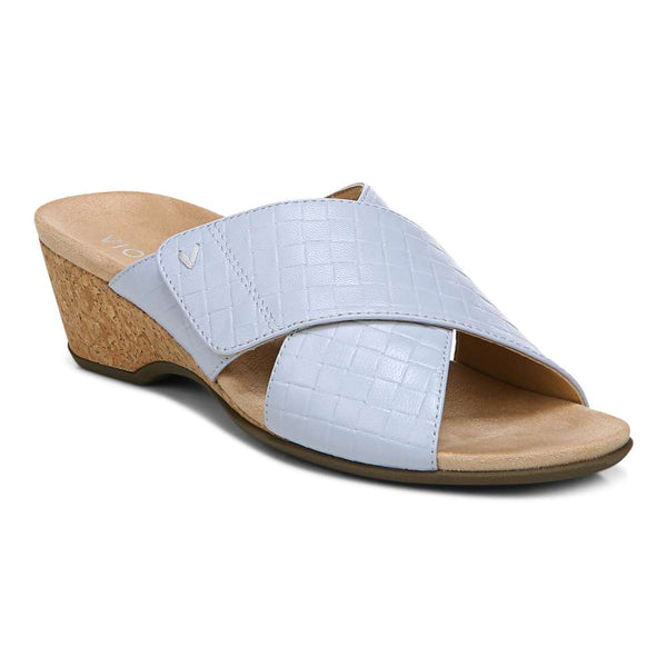 Vionic Leticia Wedge Sandal in blue haze with a cork wedge