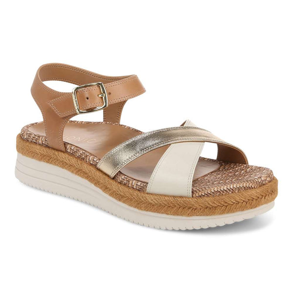 Vionic Mar Platform Sandal in camel and gold, a wide-fit sandal