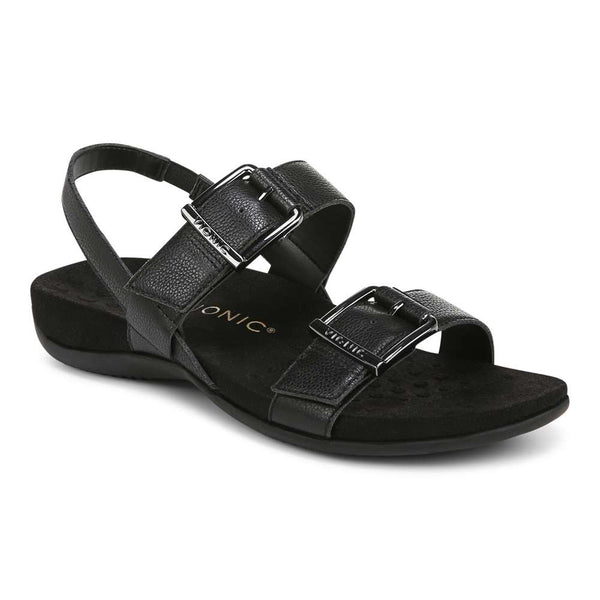 Vionic Reese Back Strap Sandal in black tumbled leather